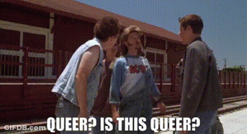 A Group Of People Standing Next To Each Other With The Words Queer Is This Queer Written On The Bottom . GIF