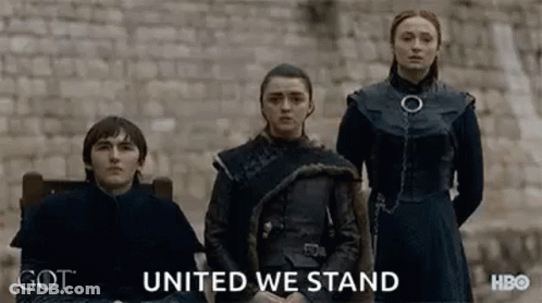 A Group Of People Standing Next To Each Other With The Words `` United We Stand '' Written On The Screen . GIF