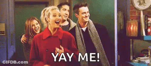 A Group Of People Standing Next To Each Other With The Words `` Yay Me '' Written Above Them . GIF