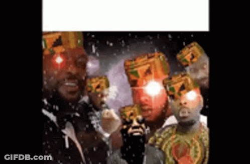 A Group Of People Standing Next To Each Other With Their Eyes Lit Up . GIF