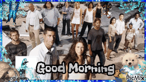 A Group Of People Standing On A Beach With The Words " Good Morning " On The Bottom GIF