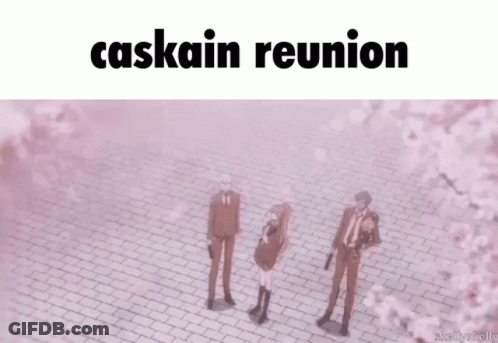 A Group Of People Standing On A Brick Sidewalk With The Words Caskain Reunion On The Bottom GIF
