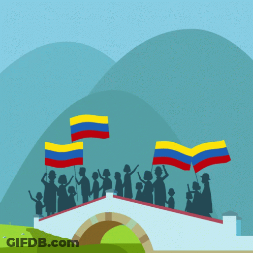A Group Of People Standing On A Bridge Holding Flags With The Word Batall Below Them GIF