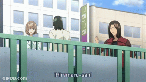 A Group Of People Standing On A Bridge With Hiramaru-San Written In The Corner GIF