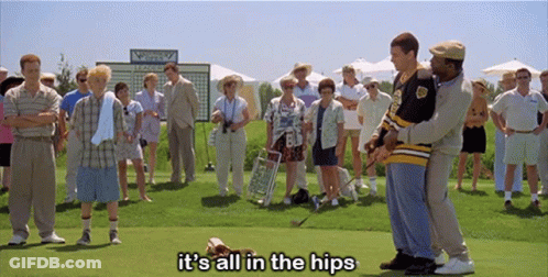 A Group Of People Standing On A Golf Course With The Words It 'S All In The Hips Above Them GIF