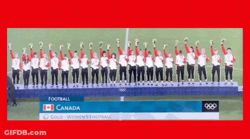Group On Podium With Arms Up And Football Text GIF