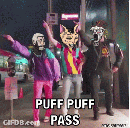 A Group Of People Standing On A Sidewalk With Puff Puff Pass On The Bottom GIF