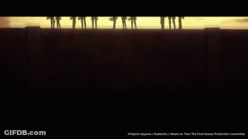 A Group Of People Standing On Top Of A Wall With The Words Attack On Titan The Final Season Production Committee Below T GIF