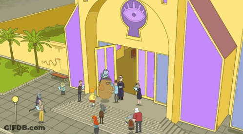 A Group Of People Standing Outside Of A Building With A Sign That Says Holy Coin GIF