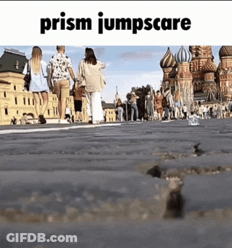 A Group Of People Walking Down A Street With The Words Prism Jumpscare On The Top GIF
