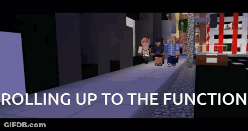 A Group Of People Walking Down A Street With The Words Rolling Up To The Function Above Them GIF