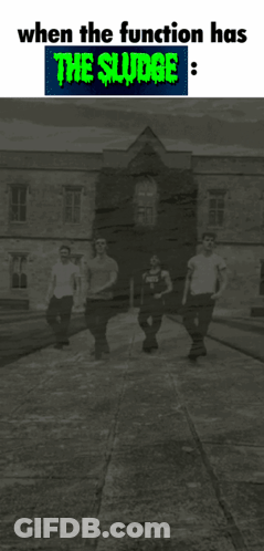 A Group Of People Walking In Front Of A Building That Says The Sludge On It GIF