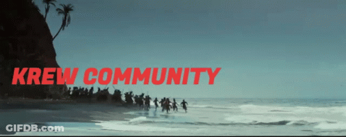 A Group Of People Walking On A Beach With The Words Krew Community On The Bottom GIF
