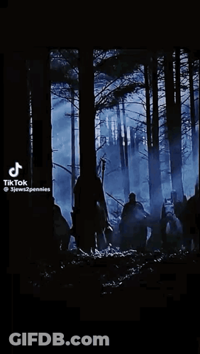 A Group Of People Walking Through A Dark Forest With The Words " Stay With Me " GIF