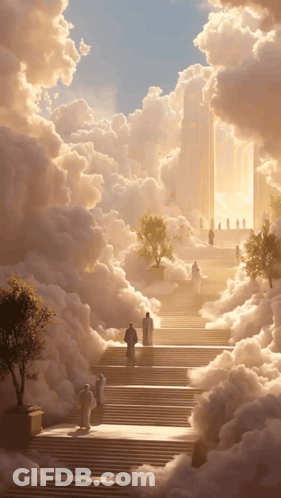 A Group Of People Walking Up A Set Of Stairs Surrounded By Clouds GIF