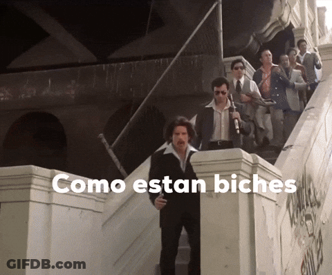 A Group Of People Walking Up Stairs With The Words Como Estan Biches Written On The Bottom GIF