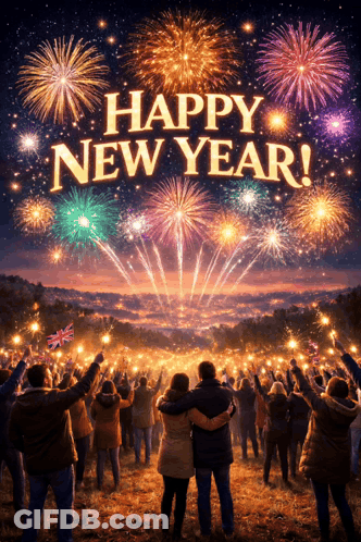 A Group Of People Watching Fireworks With The Words Happy New Year On The Bottom GIF