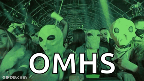 A Group Of People Wearing Alien Masks With Omhs Written In White Letters GIF