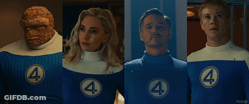 A Group Of People Wearing Blue Sweaters With The Number Four On Them GIF