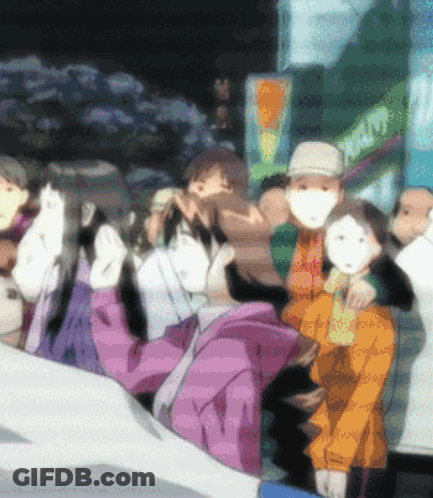 A Group Of People Wearing Face Masks Are Standing In Front Of A Store That Says ' Ice Cream ' On It GIF