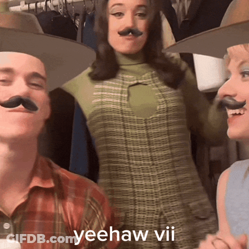 A Group Of People Wearing Fake Mustaches With Yeehaw Vii Written On The Bottom Right GIF