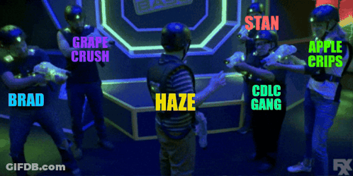 A Group Of People Wearing Glow In The Dark Helmets Playing Laser Tag GIF