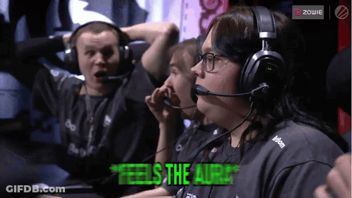 A Group Of People Wearing Headphones With The Words " Feels The Aura " On The Bottom GIF