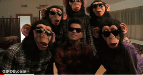 A Group Of People Wearing Monkey Masks And Sunglasses Pose For A Picture GIF