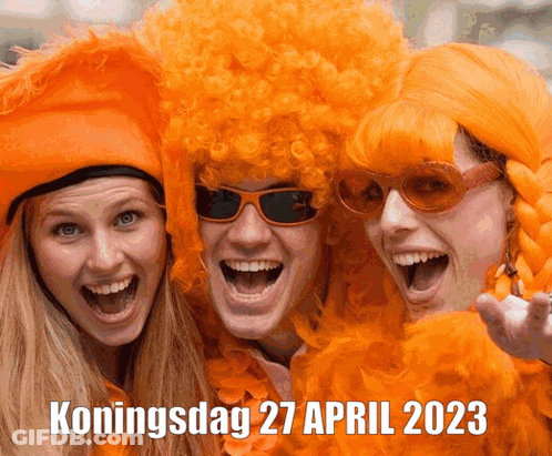 A Group Of People Wearing Orange Wigs And Sunglasses With Konningsdag 27 April 2023 Written Below Them GIF