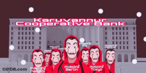 A Group Of People Wearing Red Masks Are Standing In Front Of A Building That Says Cooperative Bank GIF