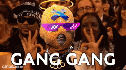 A Group Of People Wearing Sunglasses And A Mask With The Words Gang Gang Written Above Them GIF