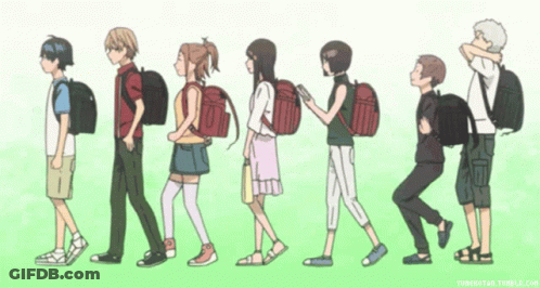 A Group Of People With Backpacks Are Walking In A Line With A Tumblr.com Watermark GIF