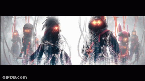 A Group Of People With Glowing Red Eyes Are Standing Next To Each Other On A White Background GIF
