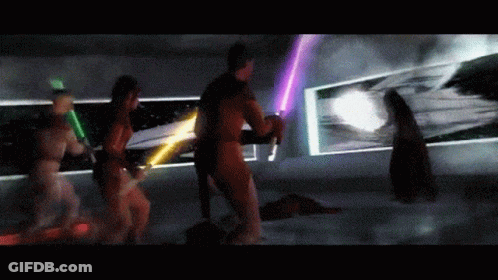 A Group Of People With Lightsabers In A Dark Room GIF