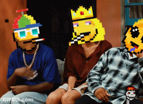 A Group Of People With Pixelated Faces On Their Heads Including One Wearing A Party Hat GIF
