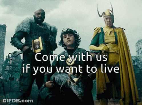 A Group Of People With The Words Come With Us If You Want To Live On The Bottom GIF