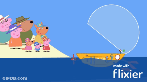 A Group Of Peppa Pig Characters Are Standing On A Beach Next To A Boat Made By Flixier GIF