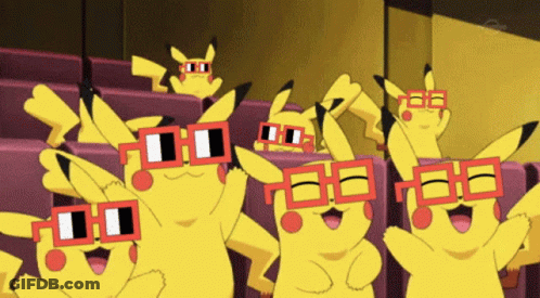 A Group Of Pikachu Wearing Red Glasses Are Sitting In A Theater GIF