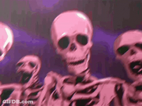 A Group Of Pink Skeletons Are Dancing In A Dark Room With A Purple Background . GIF