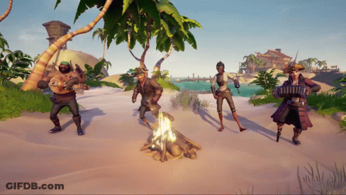 A Group Of Pirate Characters Standing Around A Fire GIF