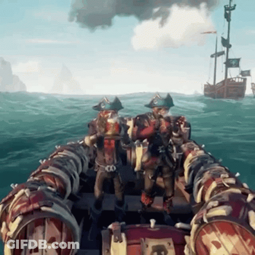 A Group Of Pirates Are On A Boat In The Ocean GIF