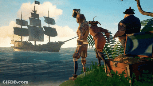 A Group Of Pirates Are Standing On A Small Island Looking At A Large Ship In The Ocean GIF