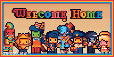 A Group Of Pixel Art Characters Are Standing In Front Of A Sign That Says Welcome Home GIF