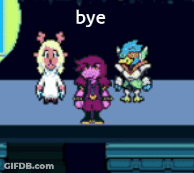 A Group Of Pixel Art Characters Standing Next To Each Other With The Word Bye In The Middle . GIF