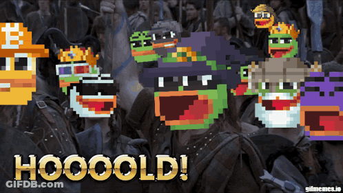 A Group Of Pixelated Characters With The Words Hooooold Written Below Them GIF