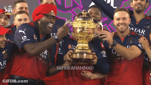 A Group Of Players Holding A Trophy With Qatar Airlines On Their Shirts GIF