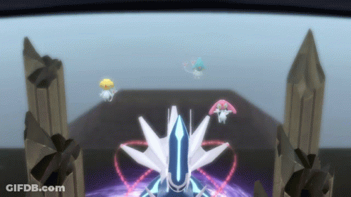 A Group Of Pokemon Are Flying Around A Huge Statue GIF