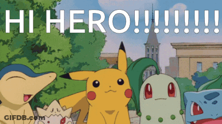 A Group Of Pokemon Standing Next To Each Other With The Words Hi Hero Written On The Bottom GIF
