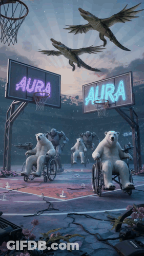 A Group Of Polar Bears Are Playing Basketball Under A Sign That Says Aura GIF