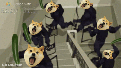 A Group Of Police Officers Are Being Attacked By A Bunch Of Doge Heads GIF